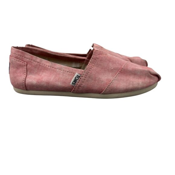 Toms Womens 7 Shoes Red White Coral Washed Twill Alpargata Slip On Flat *READ - Picture 1 of 13